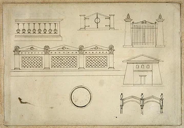 Conceptions pour des portes, des murs et des balustrades, de Vingt et un dessins à la plume de détails décoratifs dans le style antique